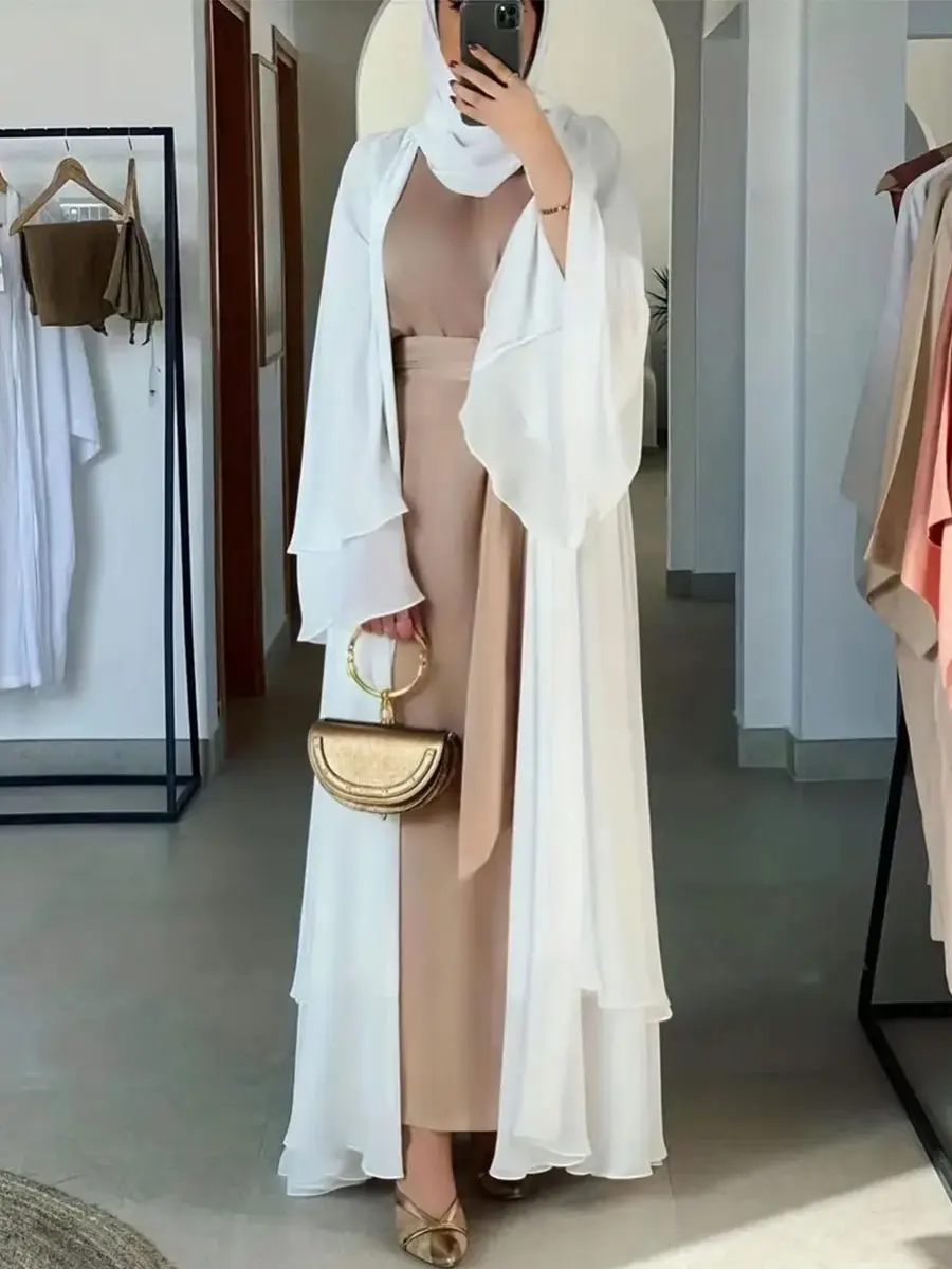 Fashion Muslim Solid Open Abayas With Belt Double Layer Chiffon Women\'s Robe Moroccan Dubai Saudi Elegant Loose Kebaya Dresses