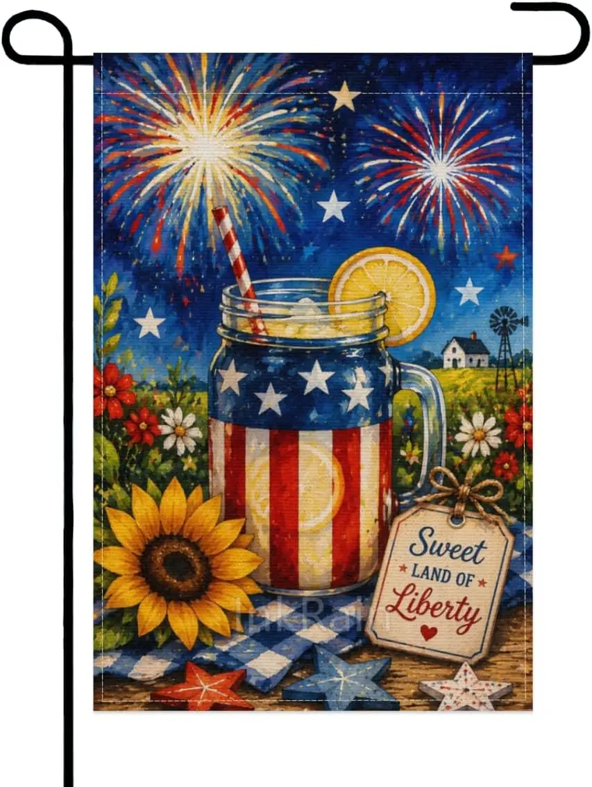 InkRain Sweet Land of Liberty Garden Flag 12x18 Inch Patriotic Mason Jar Lemonade Double Sided Burlap Summer Picnic Yard Dec yyi