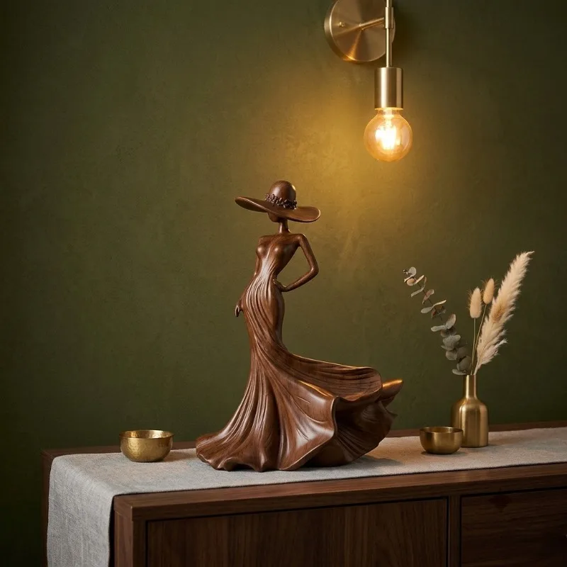 Imitation Wood Resin Statue Girl Sculpture Character Ornament Showcase Model Decoration Crafts Figurines Room Aesthetic Decor