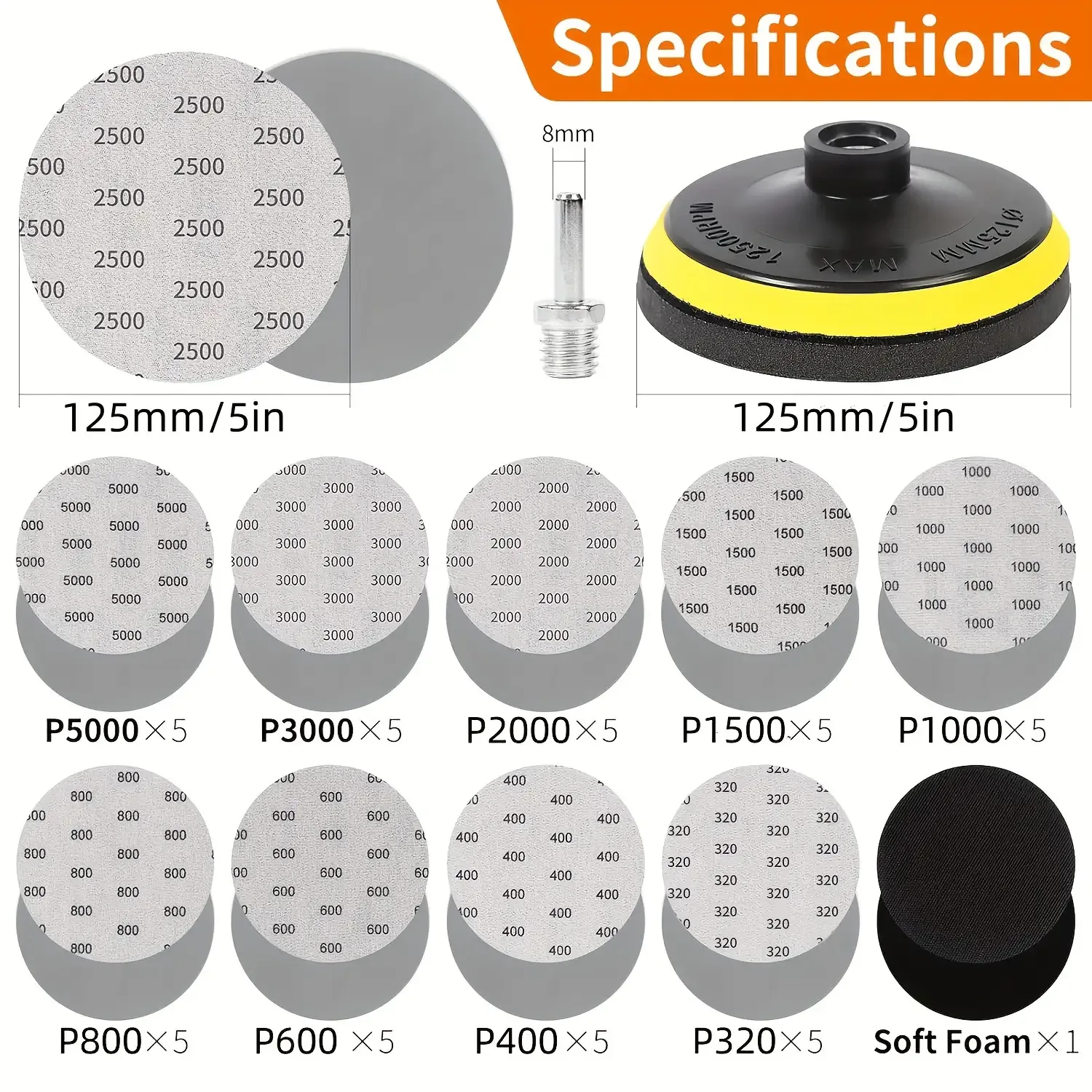 45pcs Pomsare Wet Sandpaper Set - 125mm Grits 320/400/600/800/1000/2000/3000/5000, M14 Grinding Discs for Angle Grinders & Drill