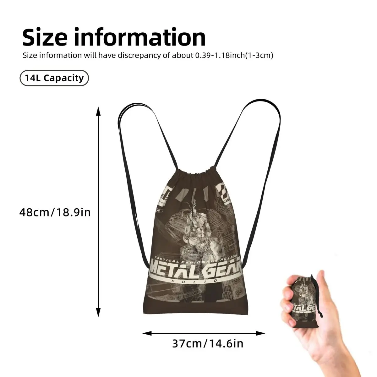 PS1 Metal Gear Solid Black And White Drawstring Backpack hiking cycling Bag Portable Travel Drawstring Bag for Men Women