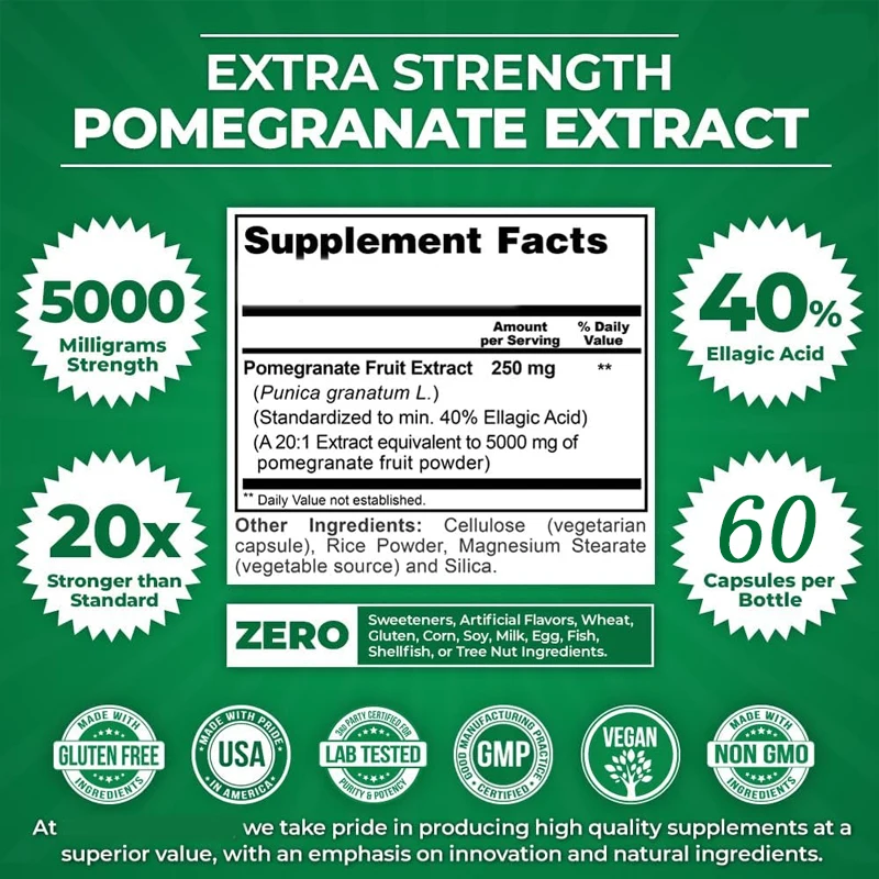 Pomegranate 20:1 extract,5000 MG strength, 40% folic acid, 60 vegetarian capsules, 1 month supply, concentrated 20 times extract