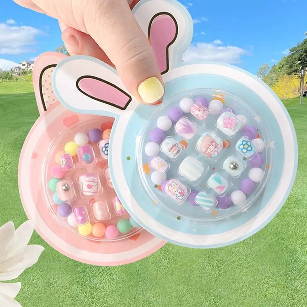 

12Pcs/set Manicure Material Children False Nails Bracelet Full Cover Nail Art Tips with Bracelet Kids Cartoon Fake Nails Flowers