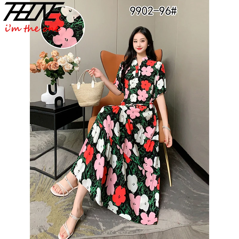 THHONE Women Dress Summer 2024 Long Chinese Style Vestidos De Mujer Print Plus Size Robe Vintage Holiday Casual Fashion Dresses