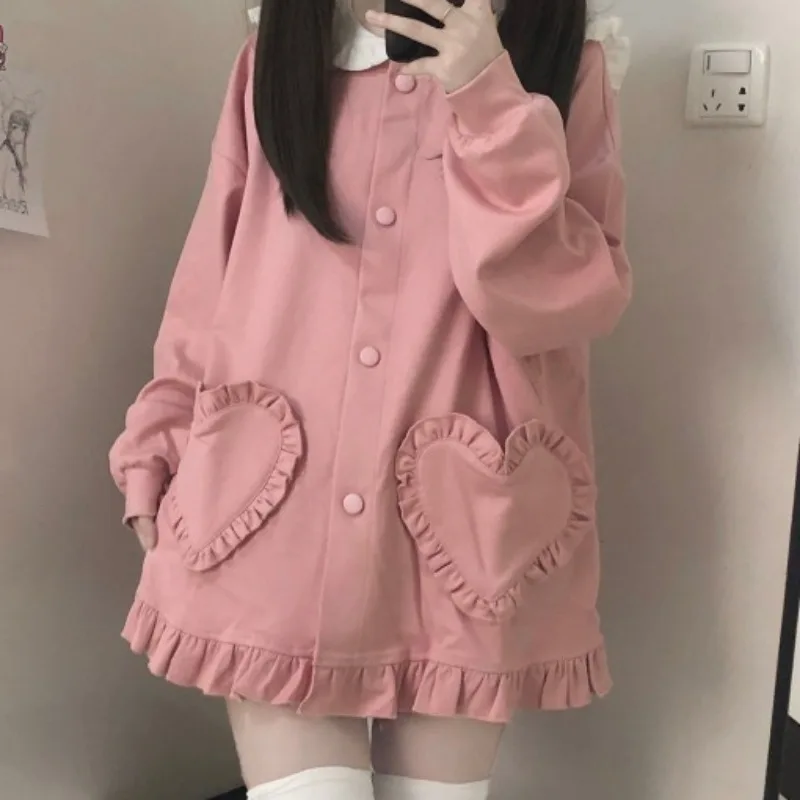 Spring New Rabbit Ear Sailor Collar Sweet Pink Women\'s Jacket Loose Full Style Daily Jacket Cute Lolita Jacket