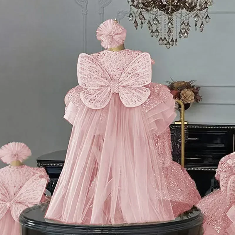 Custom Flower Girl Dress for Wedding First Christmas Party with Sequin Bodice Butterfly Back Decor and Tulle Cape Skirtفساتين س image 3