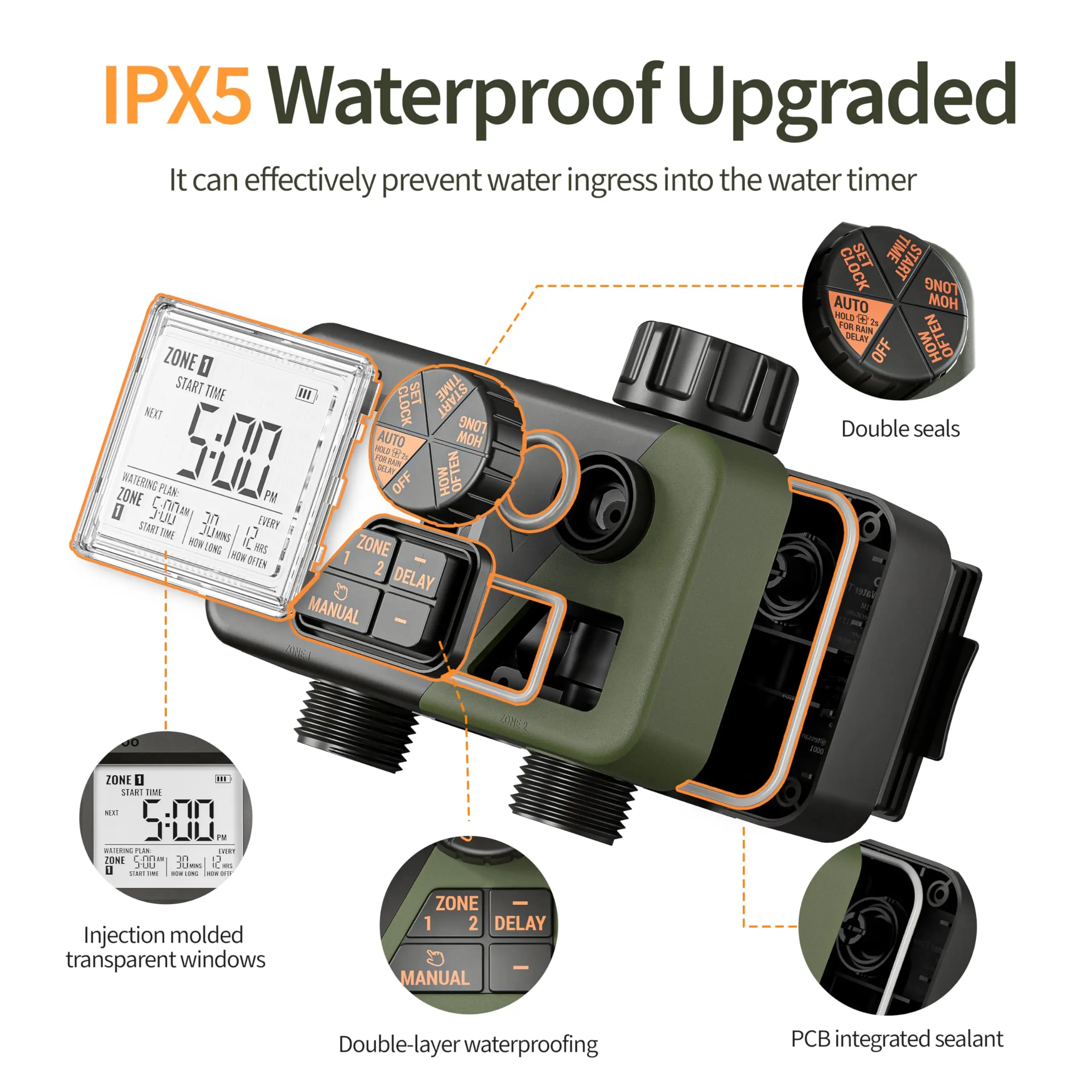 Diivoo Garden Water Timer 2 Outlets IPX5 Waterproof Multi-Functional Automatic Irrigation Timer with Rain Delay/Manual/Auto Mode