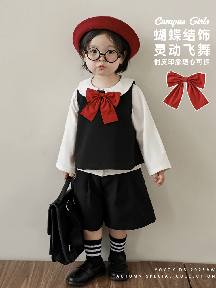 

Girls' Set Spring Autumn Bow Knot Simple Vest Pant Two Piece Set Loose Shorts