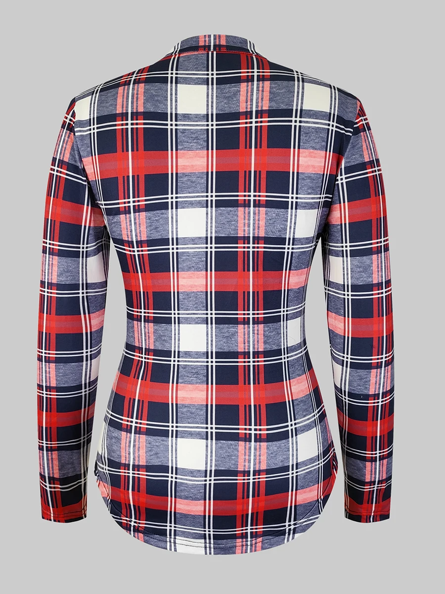 Damen Casual Kariertes T-Shirt V-Ausschnitt Knopf Langarm Stretch Slim Fit Oberteil Herbst Basic Tees Vintage Bluse Mode Pullover – Detail 4