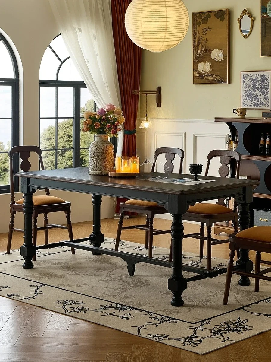 

American solid wood dining table and chairs living room home dining table French retro light luxury rectangular table