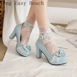 Summer 2022 Ladies Heels Platform Cute Bow Lace Princess Mary Jane Lolita Shoes Party High Heel Buckle Women Pumps Girls Sweet 8