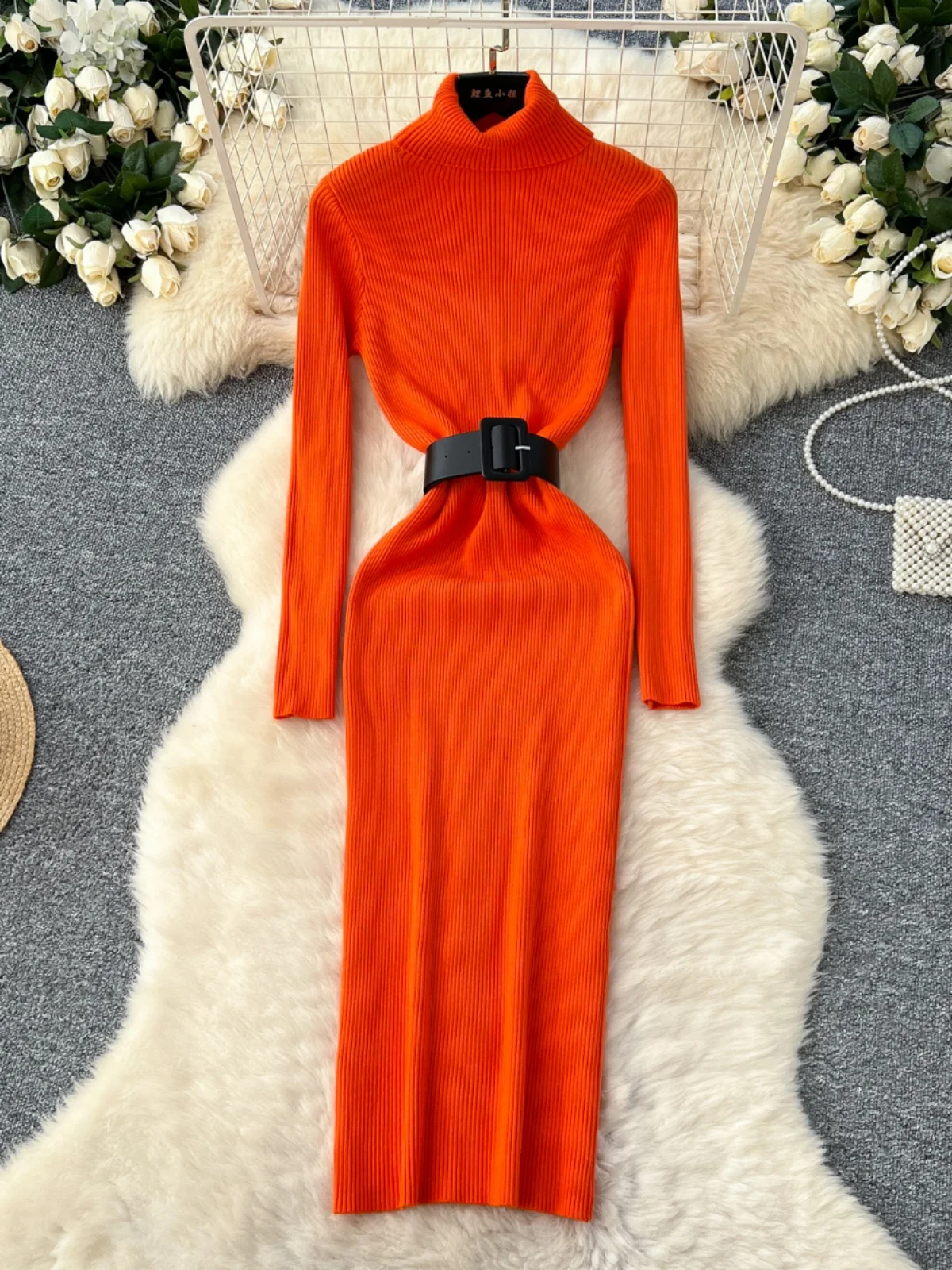 เสื้อไหมพรมคอสูงทรงเอ สไตล์เกาหลี สำหรับผู้หญิง ใส่เป็นเสื้อตัวในช่วงฤดูหนาว ทรงเข้ารูป มีเข็มขัด ผลิตจากเส้นใยโพลีเอสเตอร์ แขนยาว