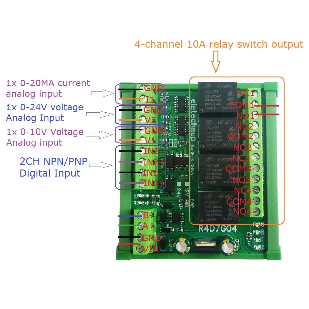 R4D7G04 DC 12V/ 24V 4DO 2DI 3AI Multi-function PLC IO expansion Module eletechsup