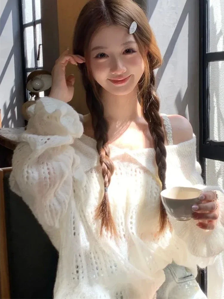 

Sun Proof Pullovers Women Sweet Hollow Out Loose Vintage Slash Neck Summer Breathable Casual Vacation Students Korean Style New