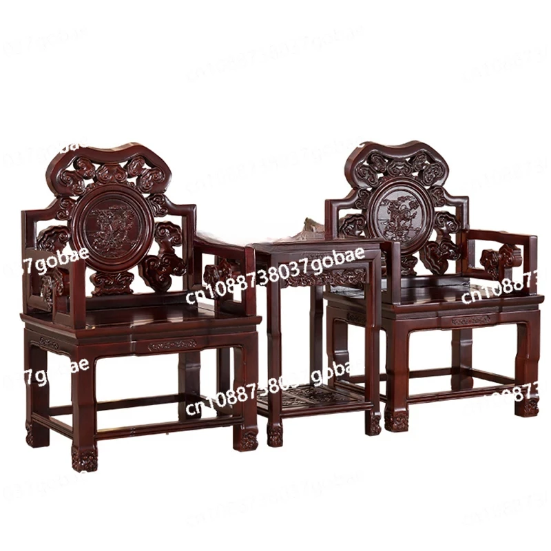 Carved Ganoderma Lucidum 3-Piece Set Taishi round-Backed Armchair Antique Reproduction Furniture Chinese Classical Solid Wood