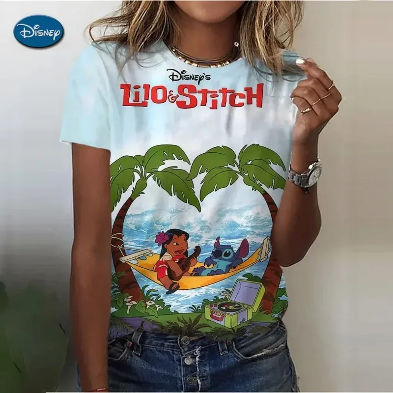 

Лето 2029, футболки с 3d принтом Disney Lilo Stitch для женщин, милые женские летние футболки, повседневные футболки с круглым вырезом и вышивкой