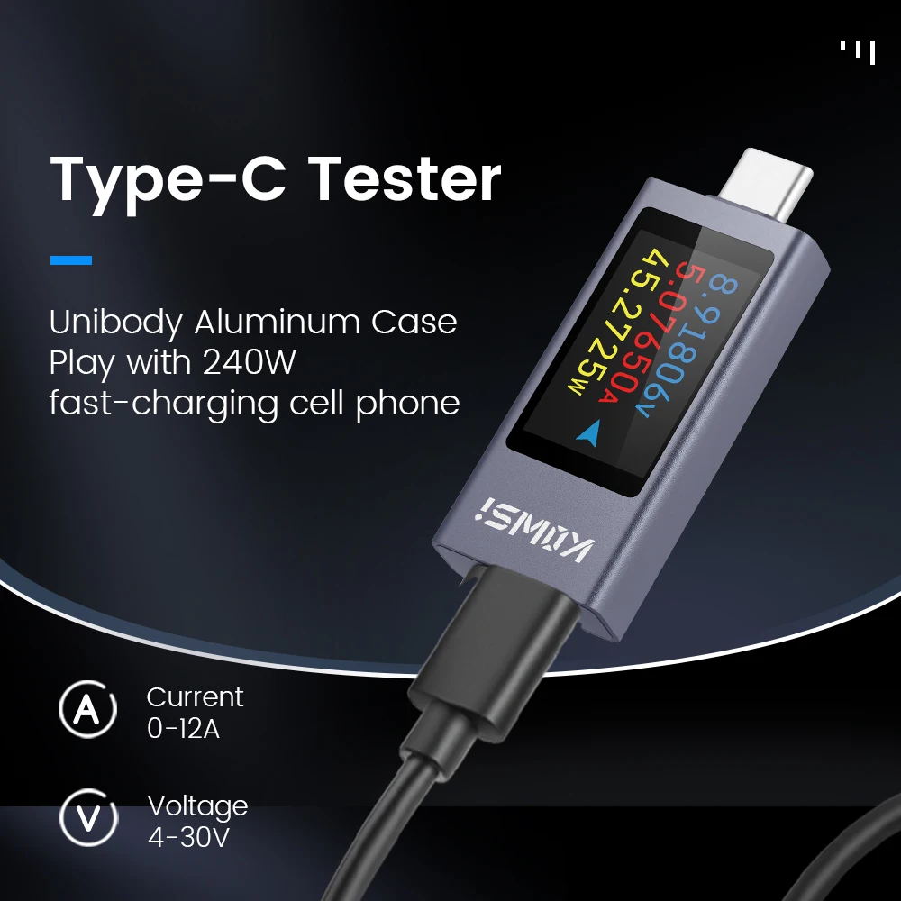 Type-C Current Voltage Capacity Phone USB Tester DC 4-30V 0-12A Power Meter Tester PD Mobile Power Detector Test