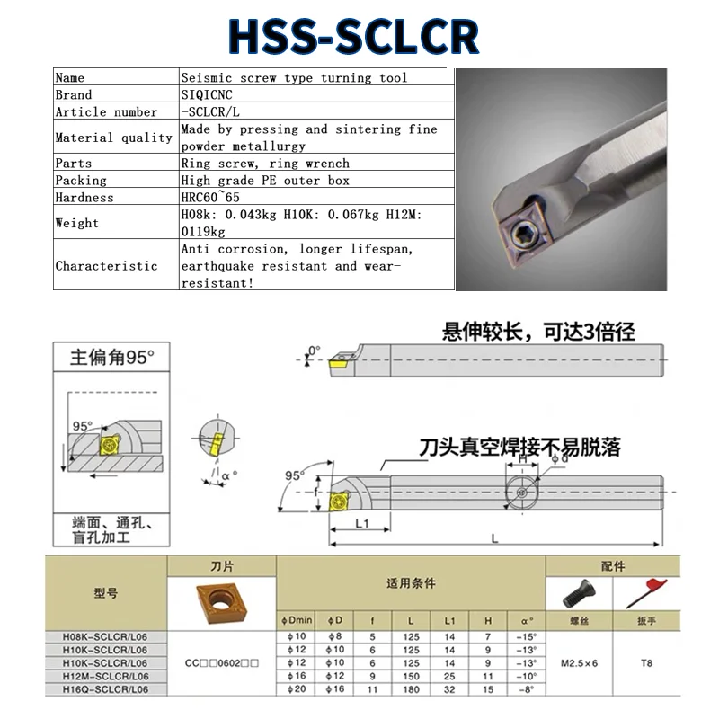 SCLCR SCKCR Lathe Screw Boring Bar S10K S12M 16Q Internal Turning CCMT HSS C08K Carbide Alloy Steel Tool Holder SCZCR SCWCR