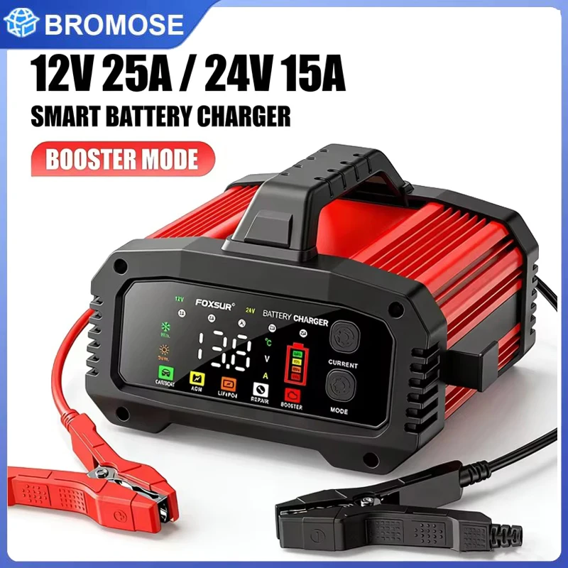 Cargador de Batería para Auto y Moto Bromose 25A/15A, 12V/24V, Cargador Inteligente para Baterías de Litio, AGM, GEL, Plomo-ácido y LiFePO4