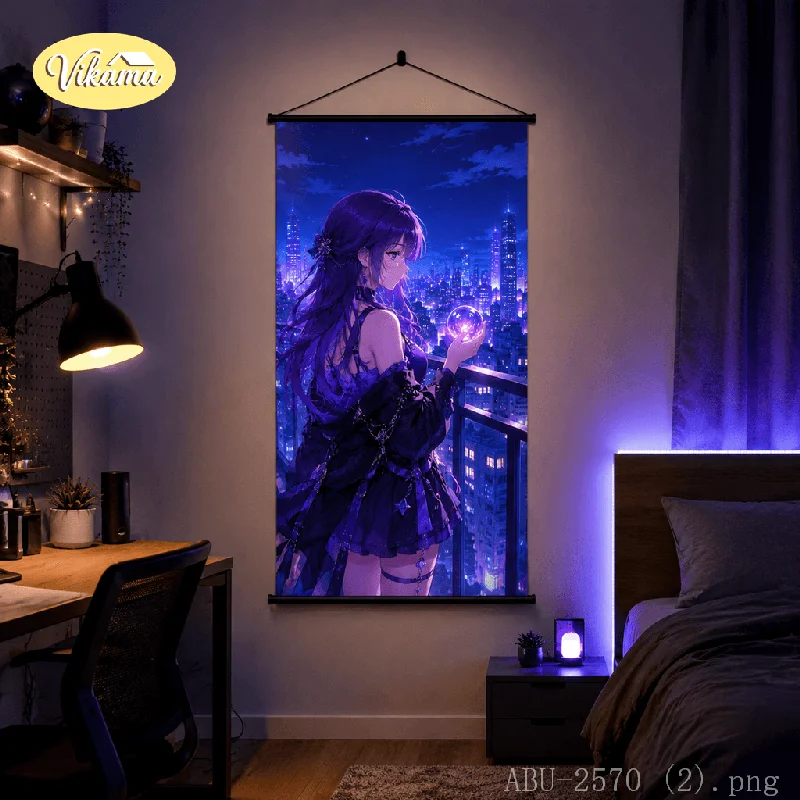 VIKAMA Anime Girl Magic Orb Night City Canvas Hanging Scroll Wall Hanging Purple Aesthetic Teen Room Wall Art Decor