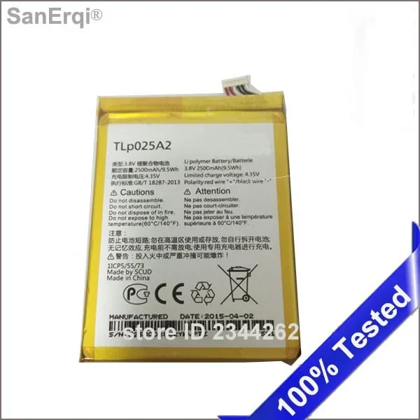 TLP025A2 Battery for Alcatel One Touch idol X+ 6043D S960 Y710 Y900 Pop C9 7047D OT-7047D 7047A OT-7047 SanErqi TLP025A2 2500mAh