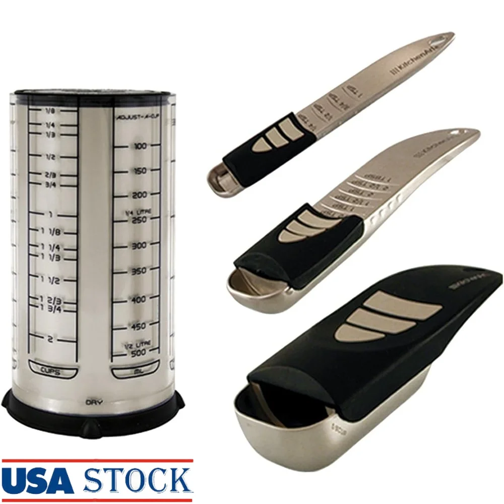 

Adjustable Measuring Set 4-Piece Satin Finish Kitchen Tools with Incremental Markers Sliding Cover Accurate Measurements
