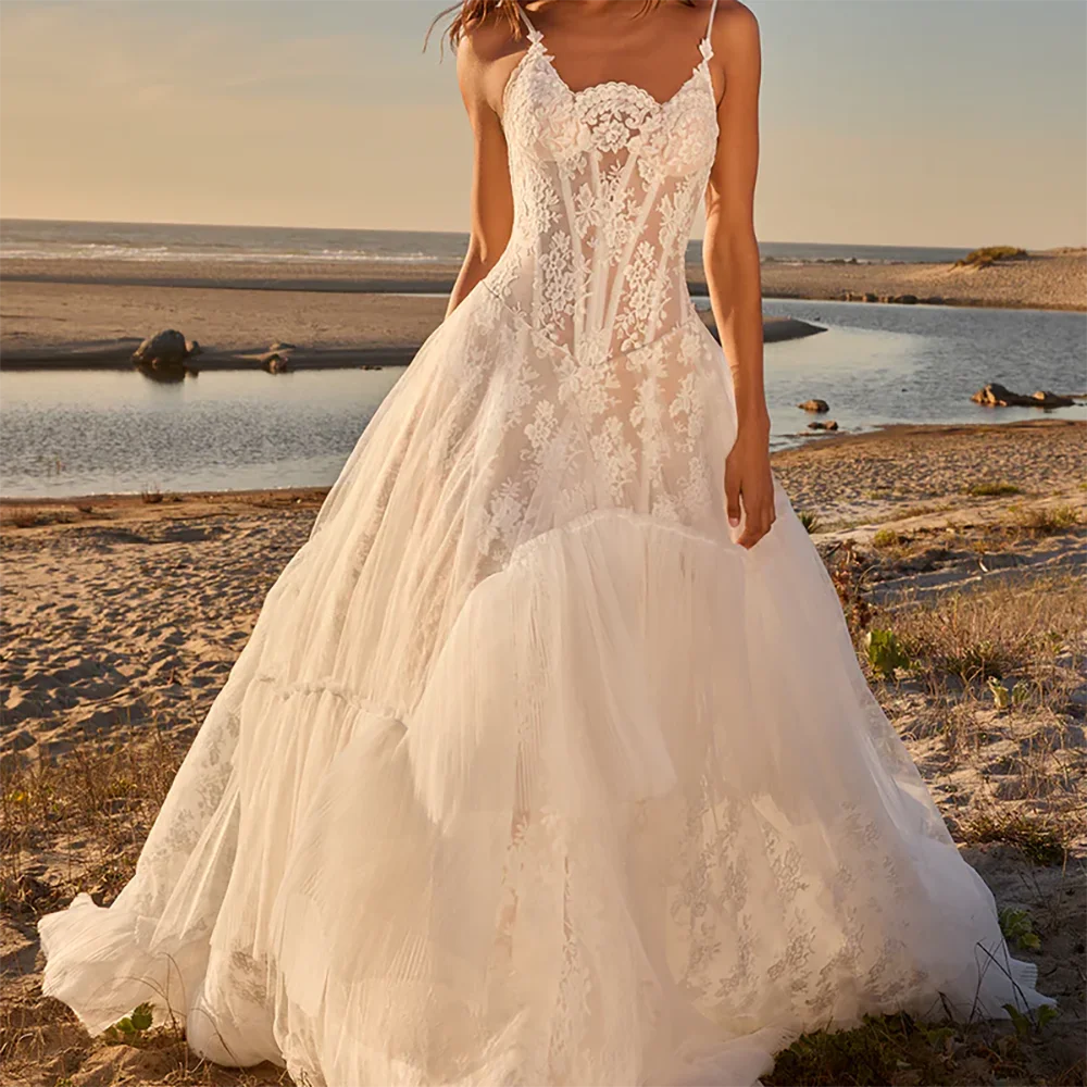 Vestidos de novia de corte en A plisados con cordones sin mangas de encaje de lujo vestidos de novia personalizados