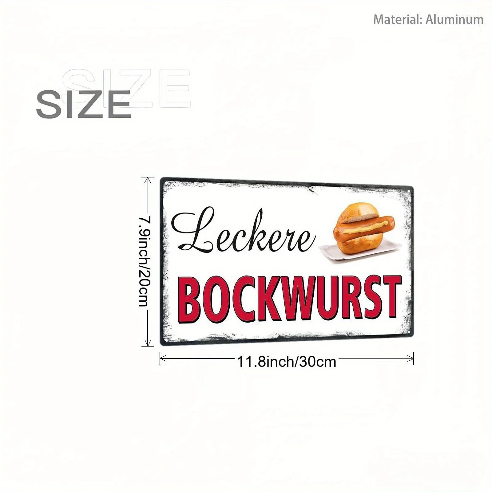 2D Flat Aluminum Leckere Bockwurst Wall Plaque 20x30cm Vintage Bavarian Bold Red Black Text Sausage Man Cave Decor