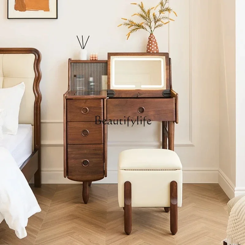 

06Black walnut solid wood 2025 new chest, flip cover, makeup desk integrated