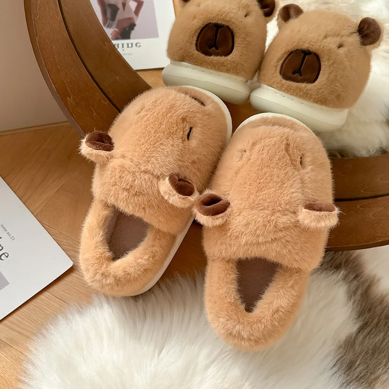Capybara-Plüsch-Hausschuhe für Damen, flauschige Winter-Mules, Plateauschuhe, Mädchen-Freizeit-Innen-Schlappen, flauschige Fell-Slides, Unisex-Schuhe – Detail 9