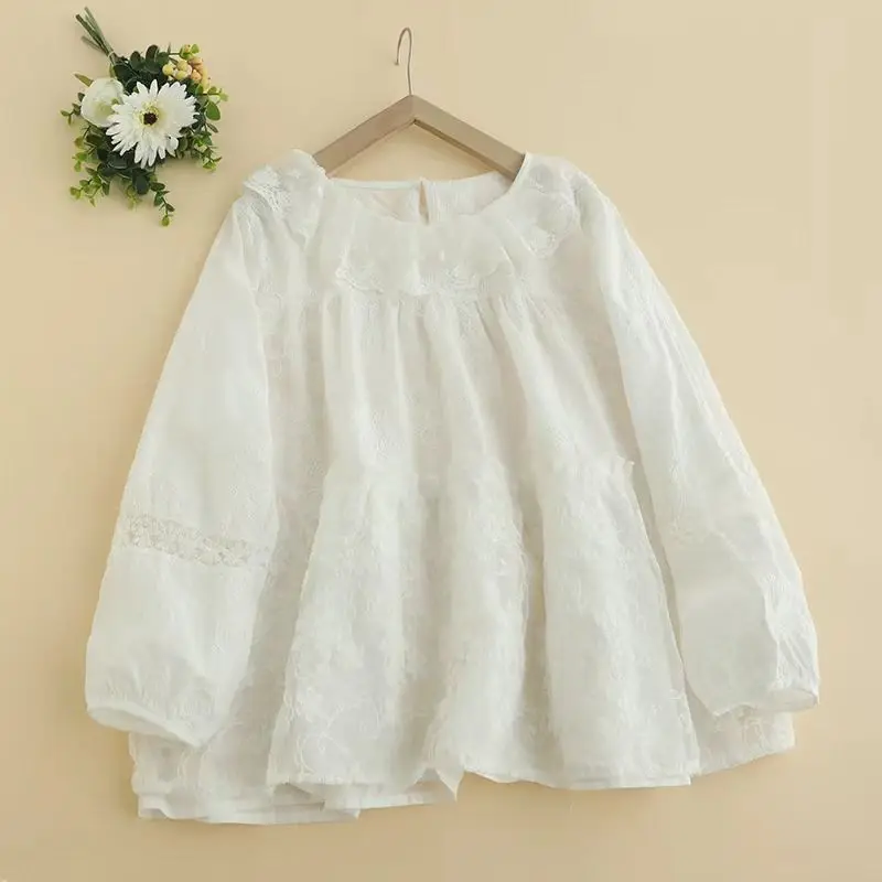 Spring New Japan Style Sweet Mori Girl Mesh Embroidery Shirt Women O-Neck Long Sleeve Solid Color Casual Loose Tops