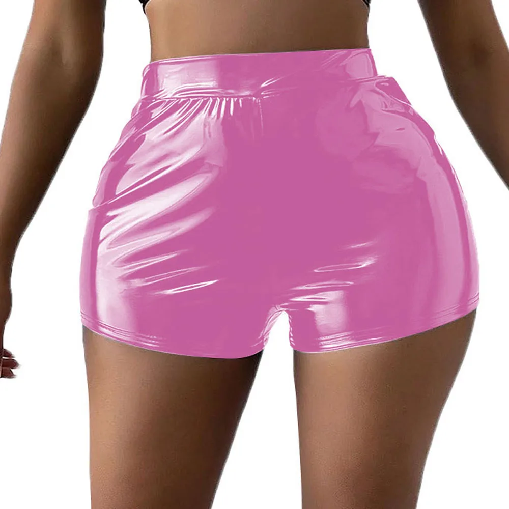 Plus Size Short Pants for Women, Elastic Waist Shorts, Shiny Faux Latex, Solid Clothes, Daily Match Bottoms, Party Stage Apparel