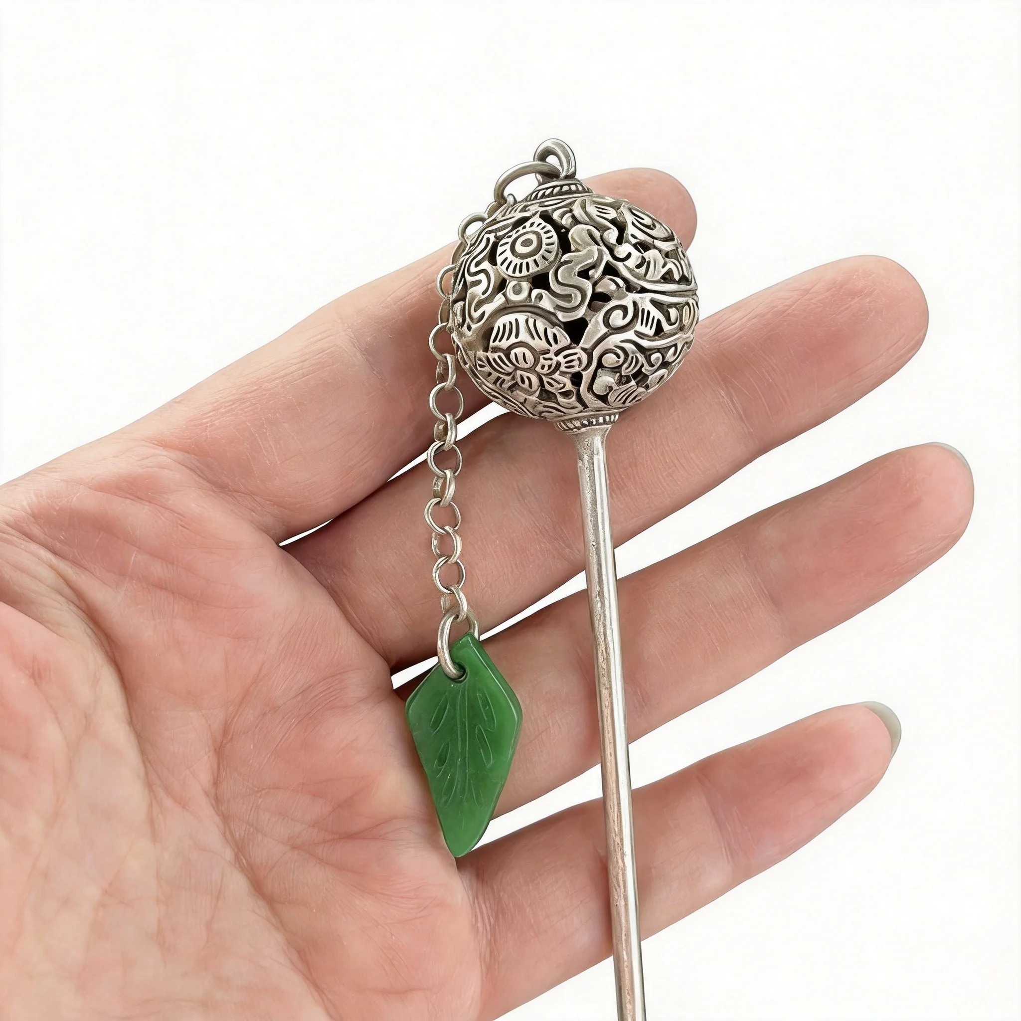 

Chinese Traditional Lucky Blessing Silver Plated Copper Hollow Carved Hairpin With Green Jade Pendant Vintage Ethnic Hair Access