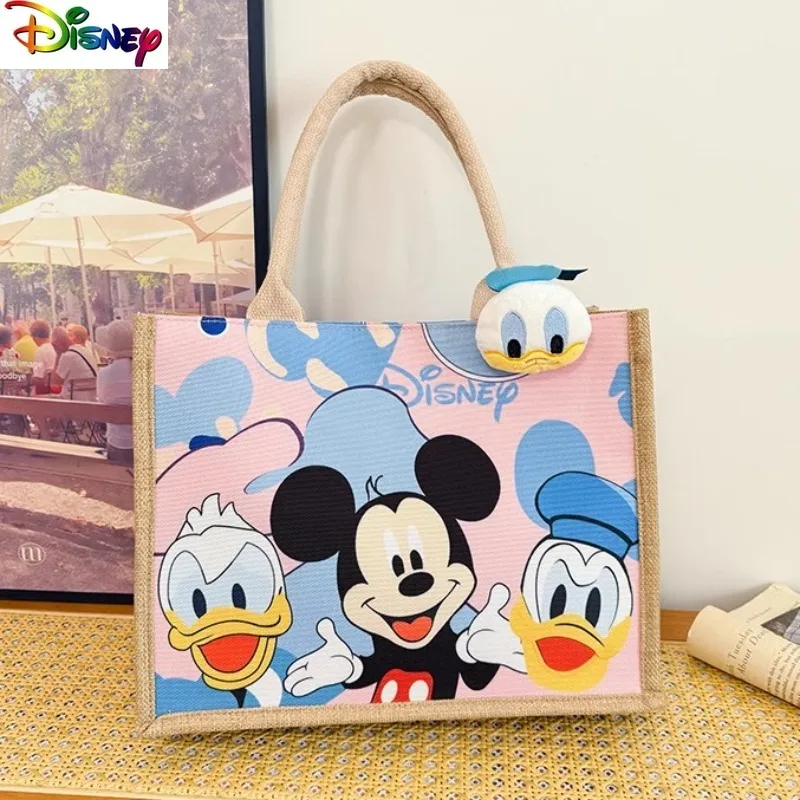 

Модная холщовая сумка высокого качества с Микки Диснеем для женщин, повседневная универсальная льняная ручная сумка большой вместимости