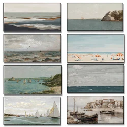 Vintage Coastal Tonal Mediterranean Coast Sailing Blue Seascape Canvas Painting Print Poster Wall Art for Living Room Home Decor