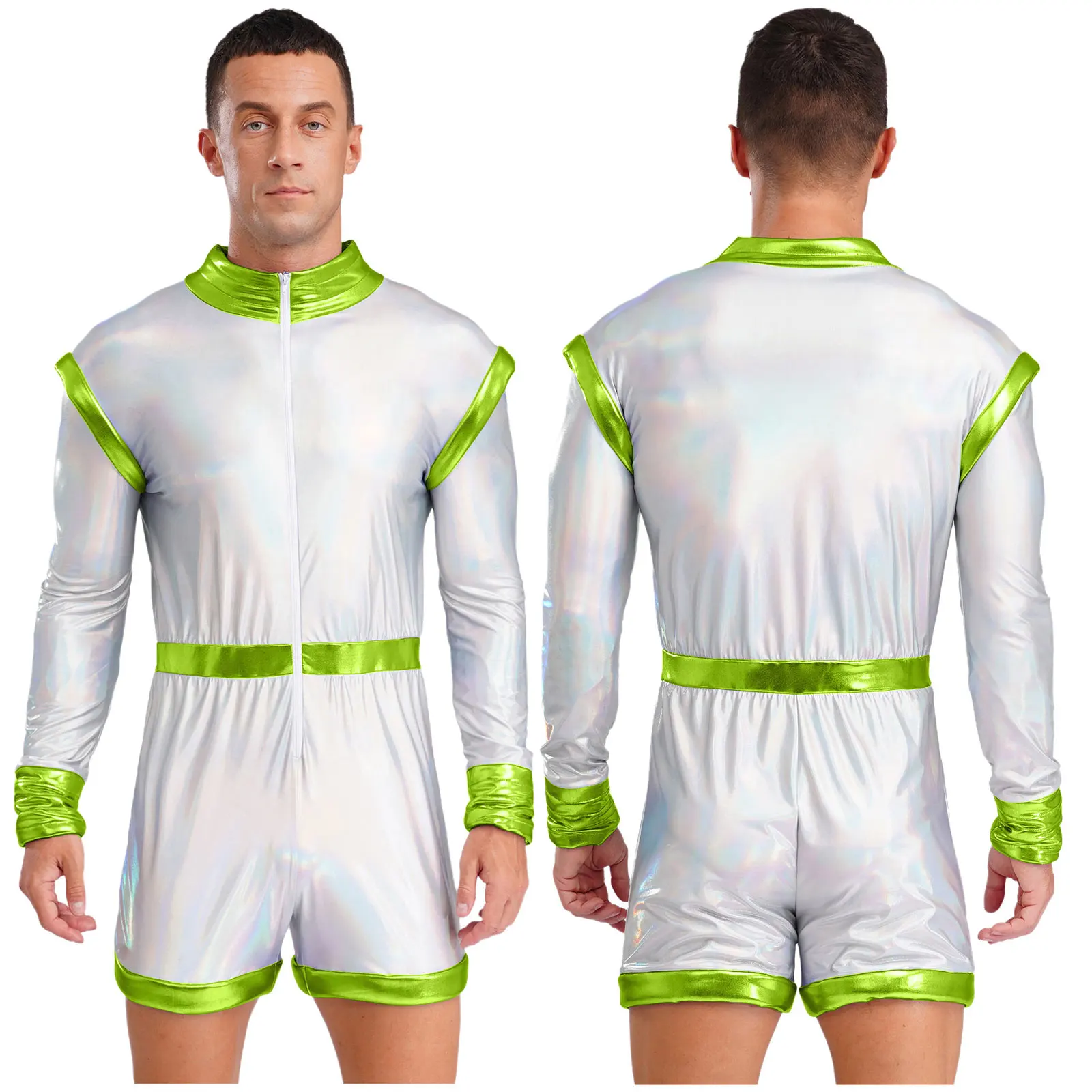 

Men Halloween Astronaut Themed Party Performance Costume Long Sleeve Shiny Sponge Edge Alien Robot Space Role Play Bodysuits