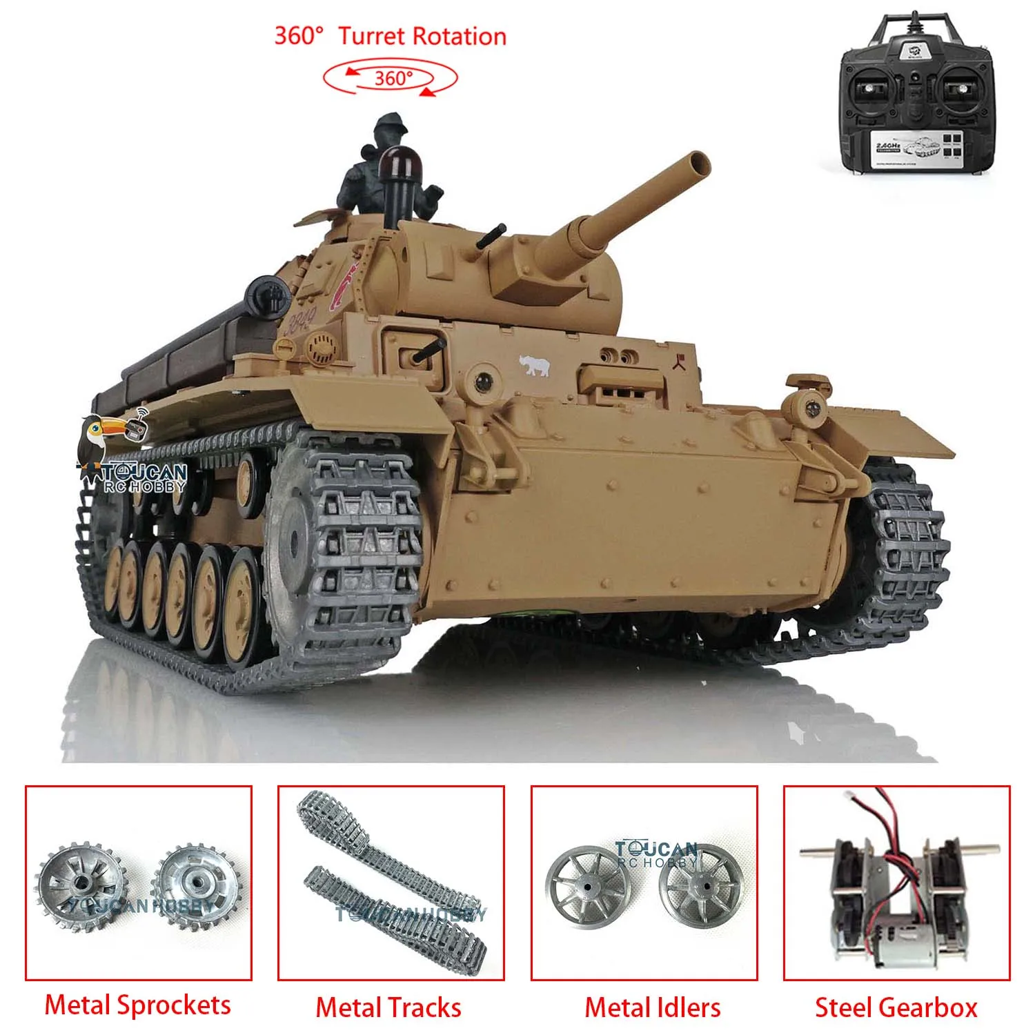 HENG LONG 1/16 Escala 7.0 Tanque RC Panzer III H RTR mejorado 3849 W/ 360 °   Torreta Caja de cambios de metal para fumar BB Shoot Cars TH17367