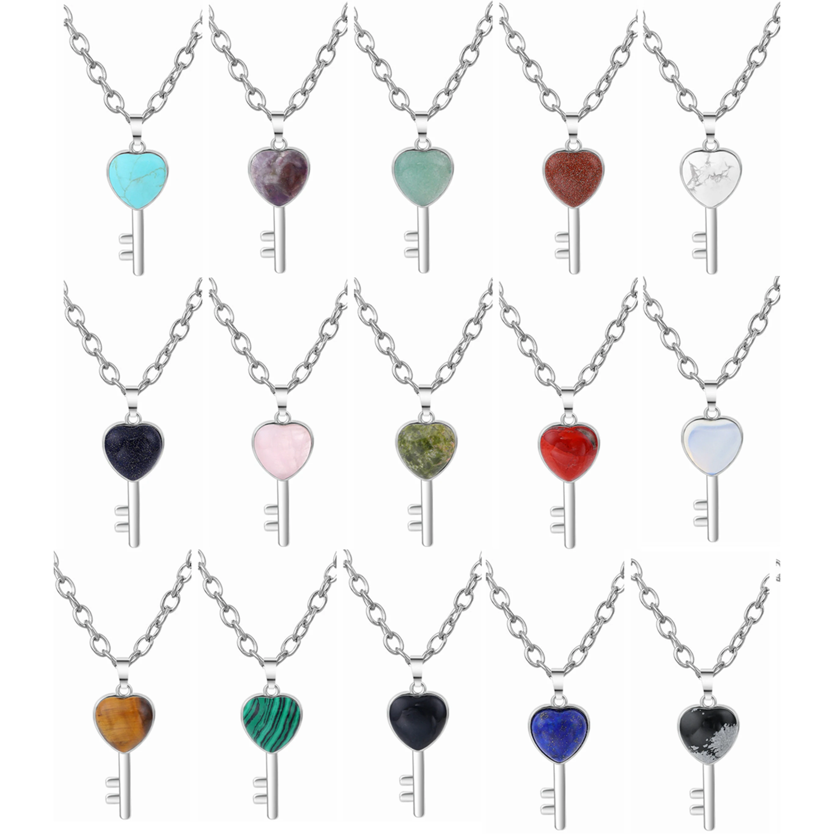 Semi Preicsou Stone Key Pendant Necklaces  Simple Cute Stainless Steel Link Chain Choker for Women Girls Statement Jewelry