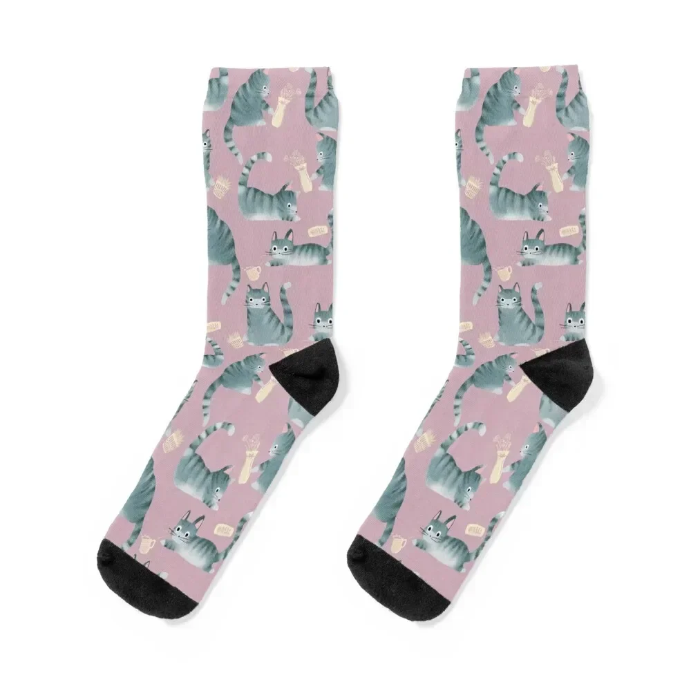 

Bad Grey Tabby Cats Knocking Stuff Over Socks Lots Children's Rugby retro Ladies Socks Men's