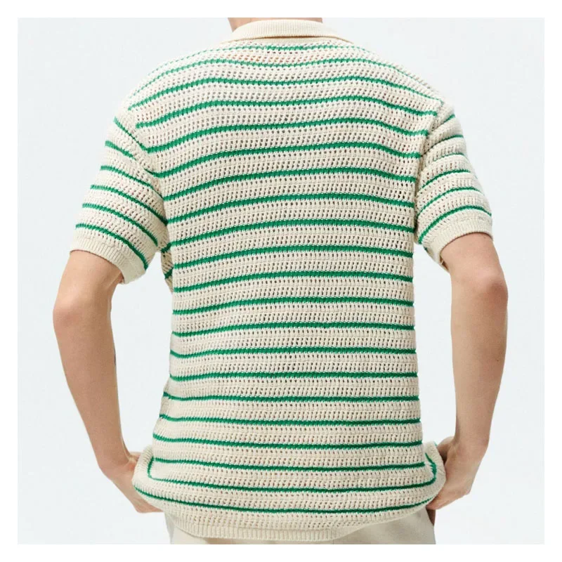 Sexy Hollow Men\'s Knitted Polo Shirt T-shirt Hollow Breathable Knitted T-shirt Top Striped Color Contrast Business Casual Jumper