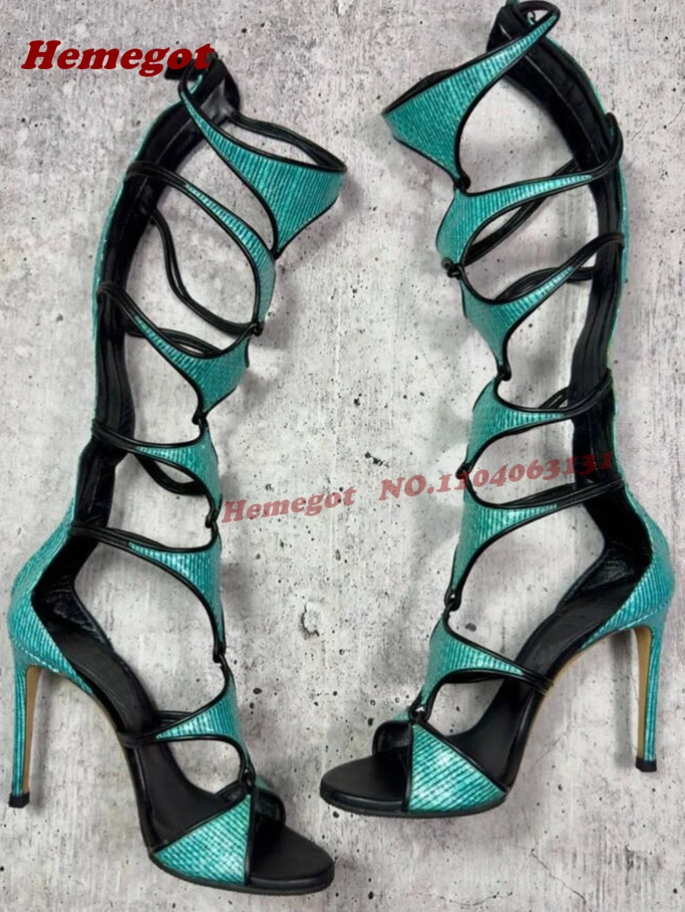 Turquoise Lizard Print Gladiator Heels Hollow Out Stiletto Heels Women's Sandals Patchwork Summer Runway Shoes Concise Elegant view 6