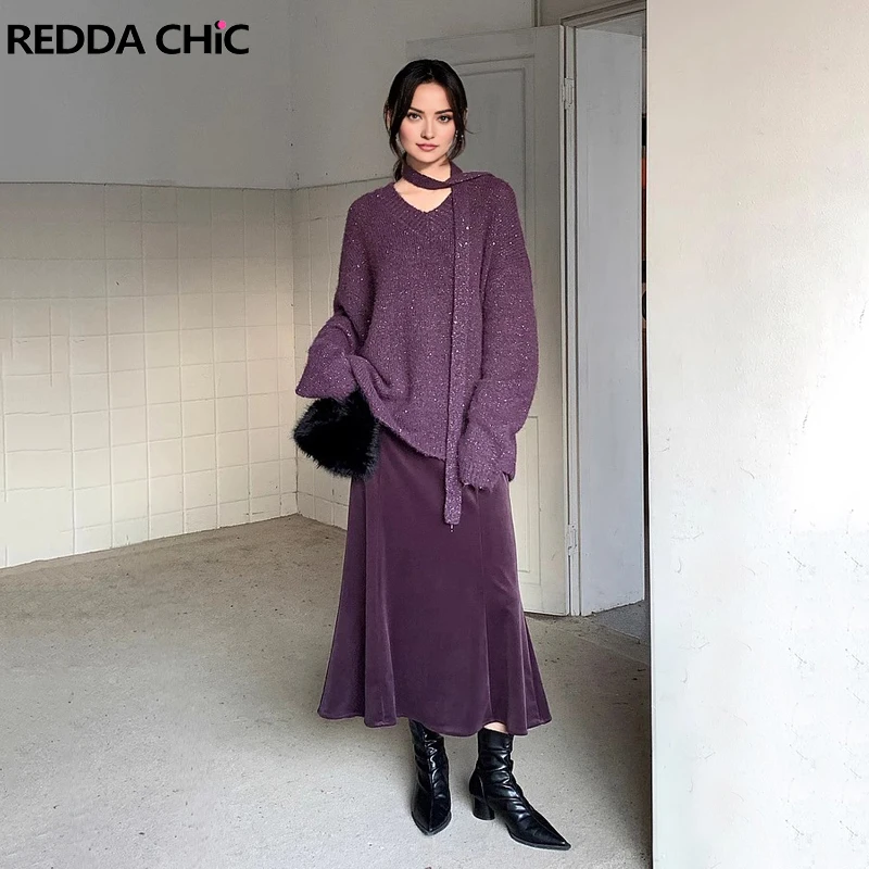 

REDDACHiC Sparkly Sequin Women's Wool Sweater Work Casual Scarf V-neck Long Sleeve Pullover Soft Jumper Top Elegant Knitwear