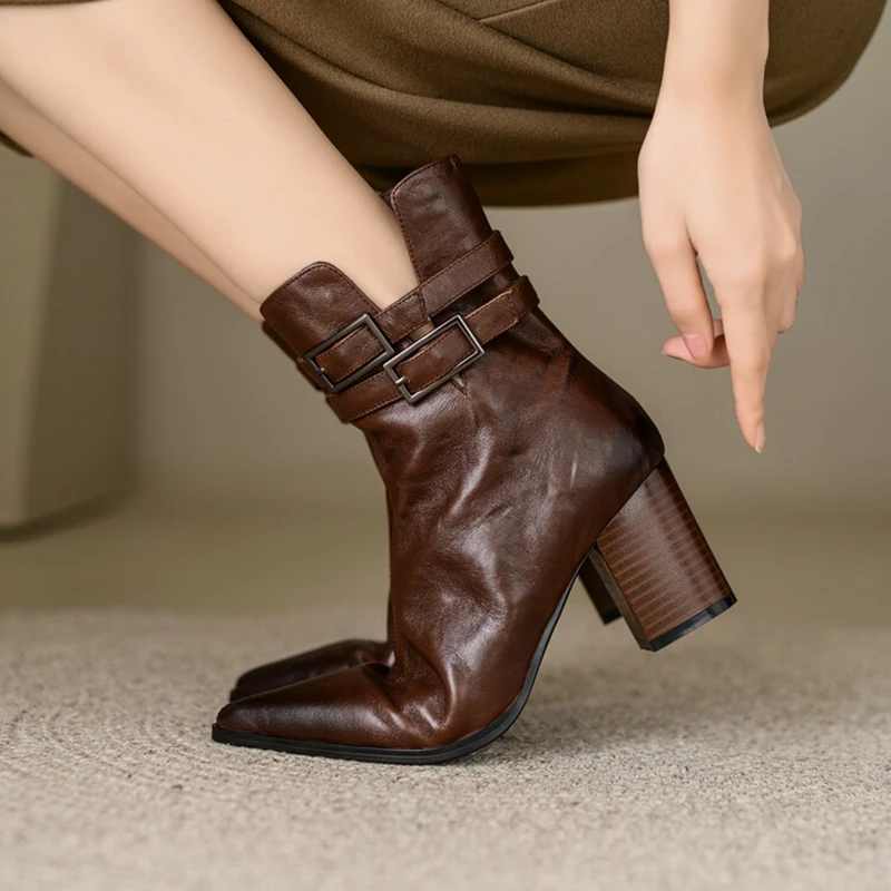 NEW Autumn Women Boots Pointed Toe Chunky Heel Boots Split Leather Shoes for Women Short Modern Boots Winter Belt Buckle Boots