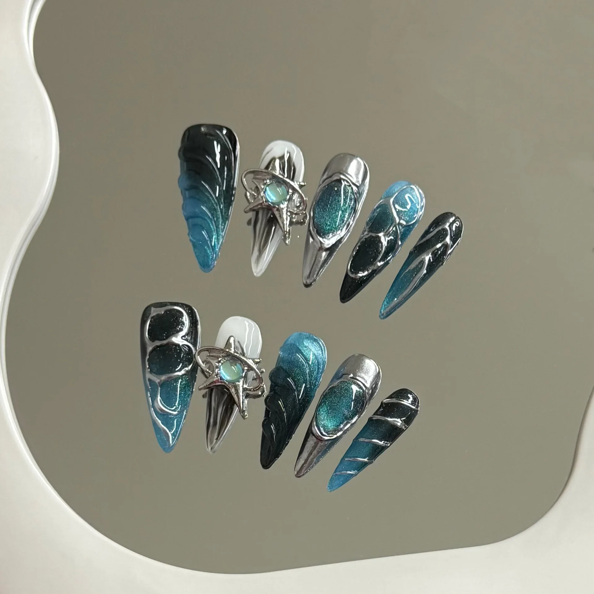 10pcs Handmade Press on Nails Gothic Punk Metal Silver Irregular Lines Fake Nail Tips Wearable Dark Blue Spice Girl False Nails image 2