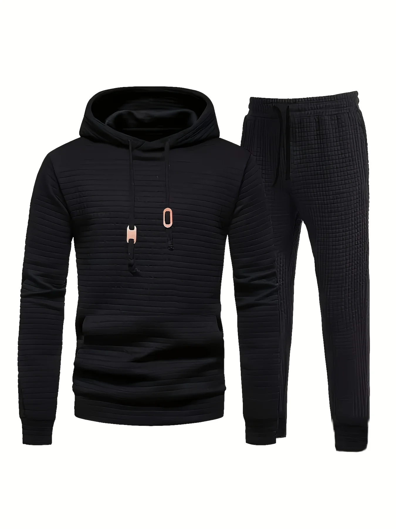 طقم ملابس رياضية بقلنسوة أساسية للرجال مكون من قطعتين - مصنوع من نسيج محبوك من البوليستر وأكمام طويلة، لون خالص مع مرونة قليلاً