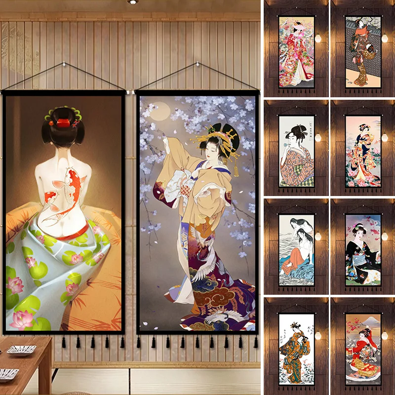 Retro Wall Art Canvas Pictures Vintage Japanese Geisha Kimono Ukiyo-e Woman Poster Restaurant Home Living Room Hanging Painting
