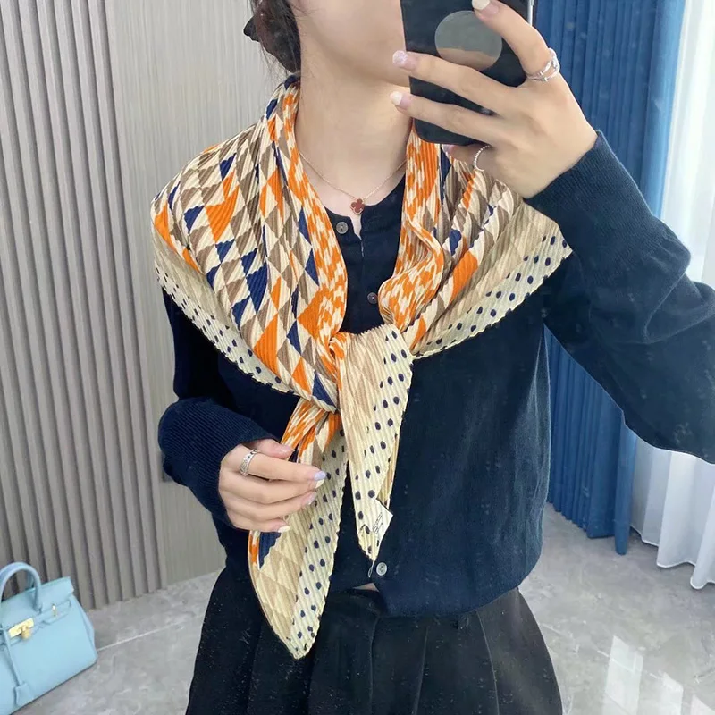 Korean Floral Print Diamond Polka Dot Wrinkled Cotton Linen Square Scarf 90x90CM Female Winter Neck Protection Warm Shawl Q43