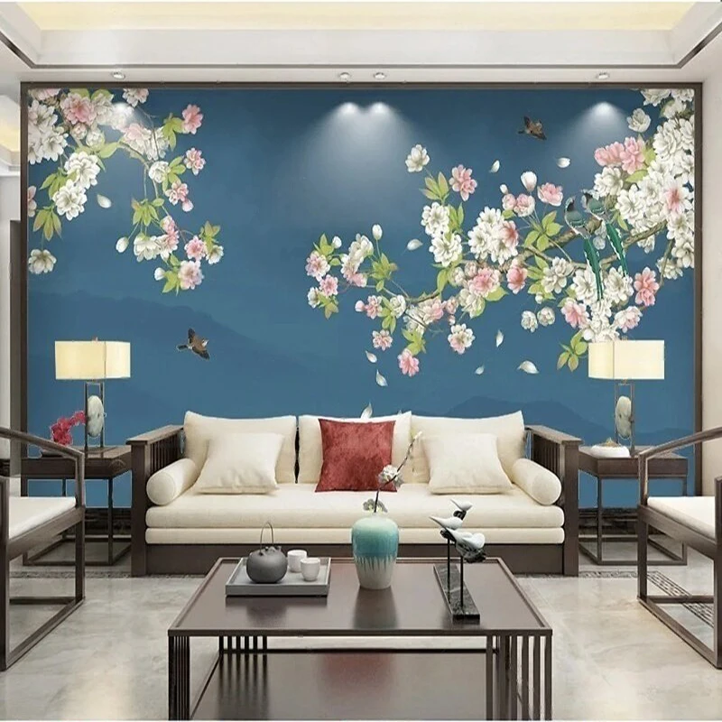 Hand-Painted Detailed Flower-And-Bird Painting Of Peony Traditional Chinese Ink Landscape TV Outdoor Scenery Background Wall