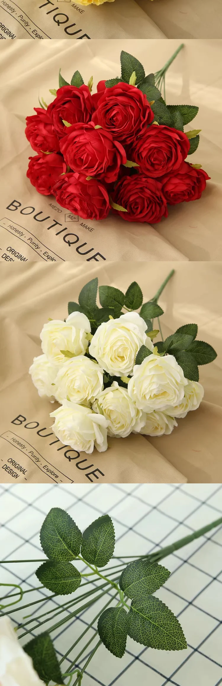 10 Rosenköpfe im europäischen Stil, künstliche Pfingstrosen, Brautstrauß, retro-romantische Hochzeitsdekoration, Wohnzimmer, Heimdekoration, Event-Layout – Detail 7