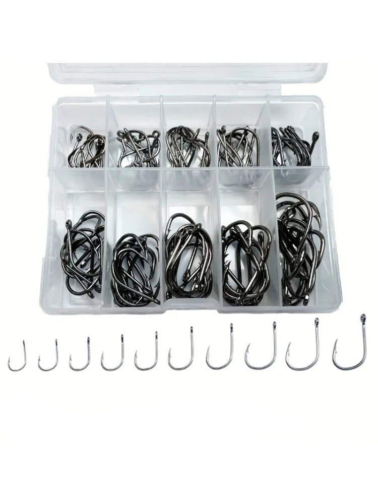 100 pièces hameçons dans une boîte hameçons en boîte hameçons en acier à haute teneur en carbone, hameçons de pêche argentés cercle Sport